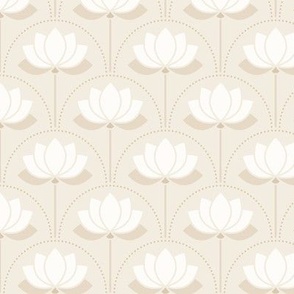 Small scale / Cream art deco lotus flowers on beige / monochromatic soft light pastel off white ivory water lilies florals on pale sandy tan / modern whimsical blossoms mid mod spa yoga zen decor