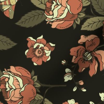 Vintage neutral roses with moths on black