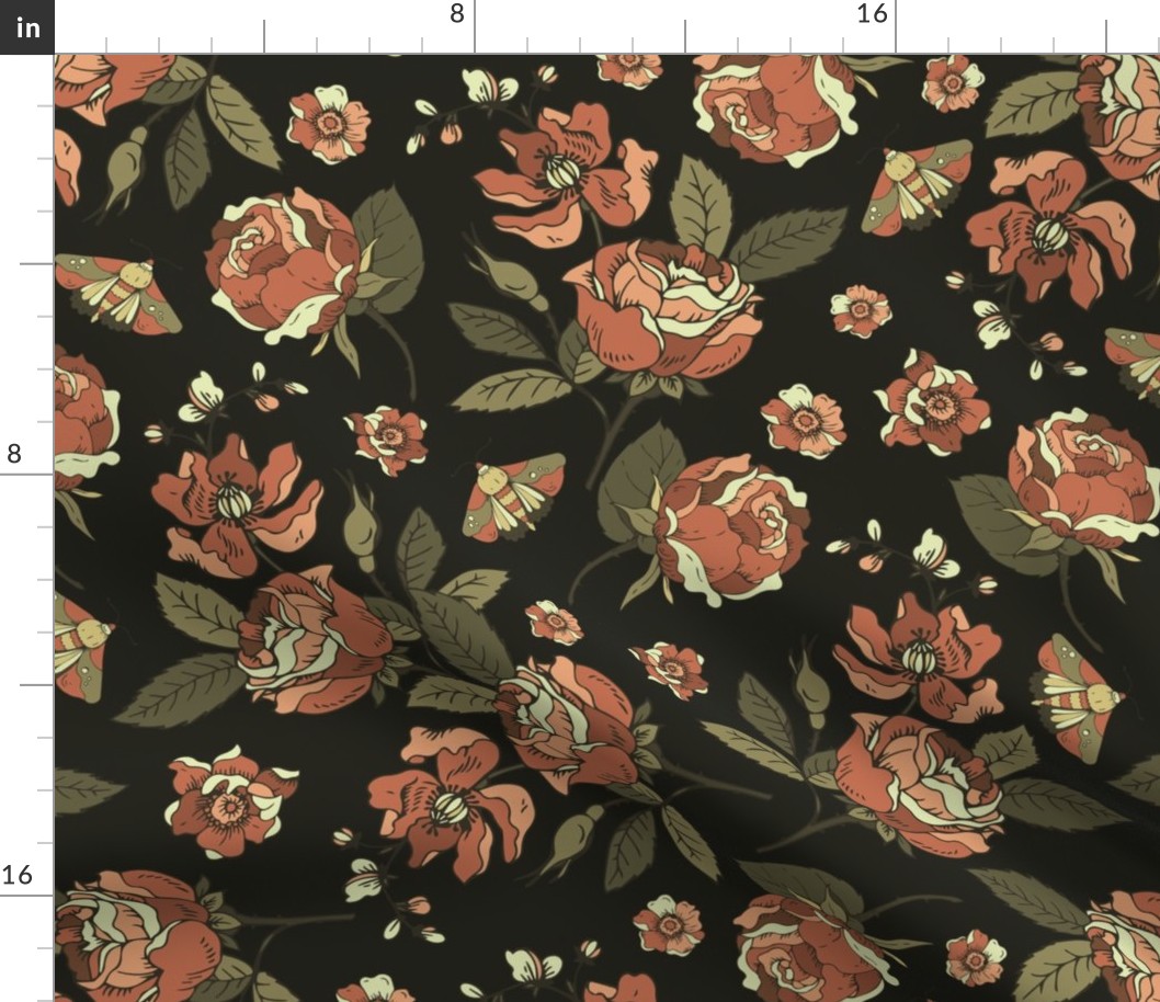 Vintage neutral roses with moths on black