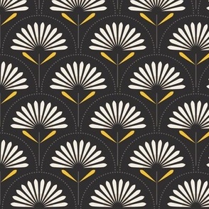 Small scale / Beige art deco florals on black / monochromatic creamy off white ivory yellow gray sunflowers / dark moody flowers and petals leaves with dots background / cute warm neutrals artistic modern mid mod spring garden