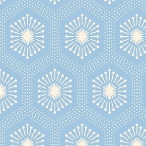 Small scale / Hexagon starburst gems vertical beige on powder blue / geometric honeycomb dotted 6 sided jewel line art deco pale light soft cream pastel icy cool baby sky blue / simple abstract minimal ethnic shapes