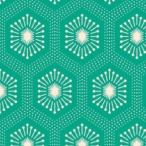 Small scale / Hexagon starburst gems vertical beige on bright green / geometric honeycomb dotted 6 sided jewel line art deco cool creamy vibrant rich emerald / simple abstract minimal ethnic shapes