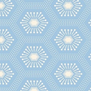 Small scale / Hexagon starburst gems horizontal beige on powder blue / geometric honeycomb dotted 6 sided jewel line art deco pale light soft cream pastel icy cool baby sky blue / simple abstract minimal ethnic shapes