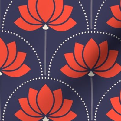 Medium scale / Red lotus art deco flowers on navy blue / bold jewel red florals water lilies / modern minimal whimsical blossoms in bright crimson scarlet / dark moody mid mod background