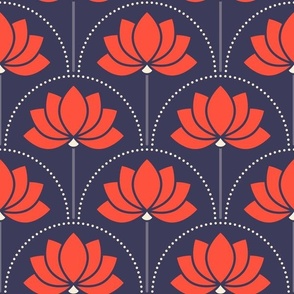 Medium scale / Red lotus art deco flowers on navy blue / bold jewel red florals water lilies / modern minimal whimsical blossoms in bright crimson scarlet / dark moody mid mod background