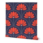 Large scale / Red lotus art deco flowers on navy blue / bold jewel red florals water lilies / modern minimal whimsical blossoms in bright crimson scarlet / dark moody mid mod background