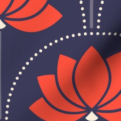 Large scale / Red lotus art deco flowers on navy blue / bold jewel red florals water lilies / modern minimal whimsical blossoms in bright crimson scarlet / dark moody mid mod background