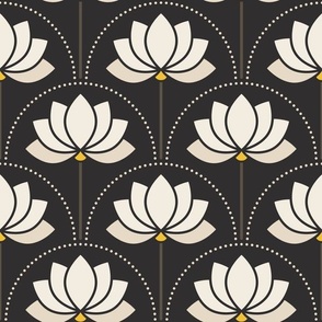 Medium scale / Beige art deco lotus flowers on black / monochromatic light creamy off white ivory tan water lilies florals with yellow on dark moody mid mod background / bold modern whimsical blossoms