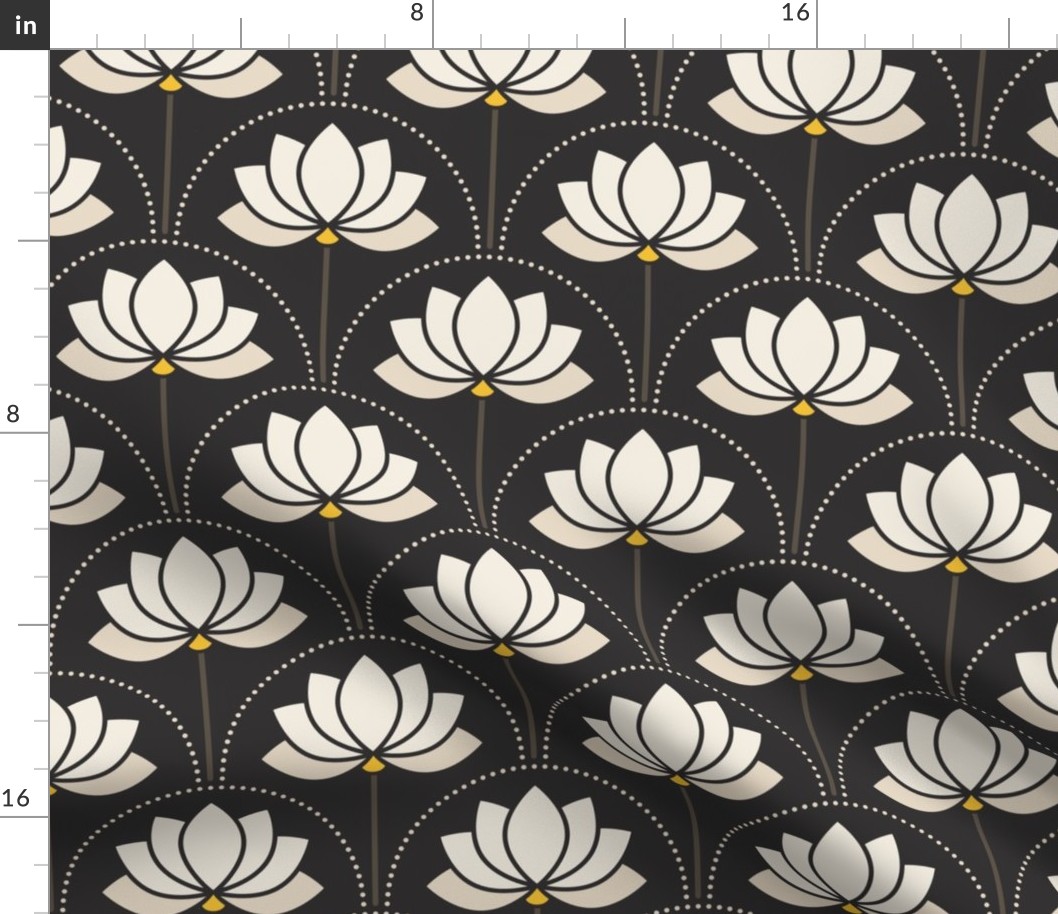 Medium scale / Beige art deco lotus flowers on black / monochromatic light creamy off white ivory tan water lilies florals with yellow on dark moody mid mod background / bold modern whimsical blossoms