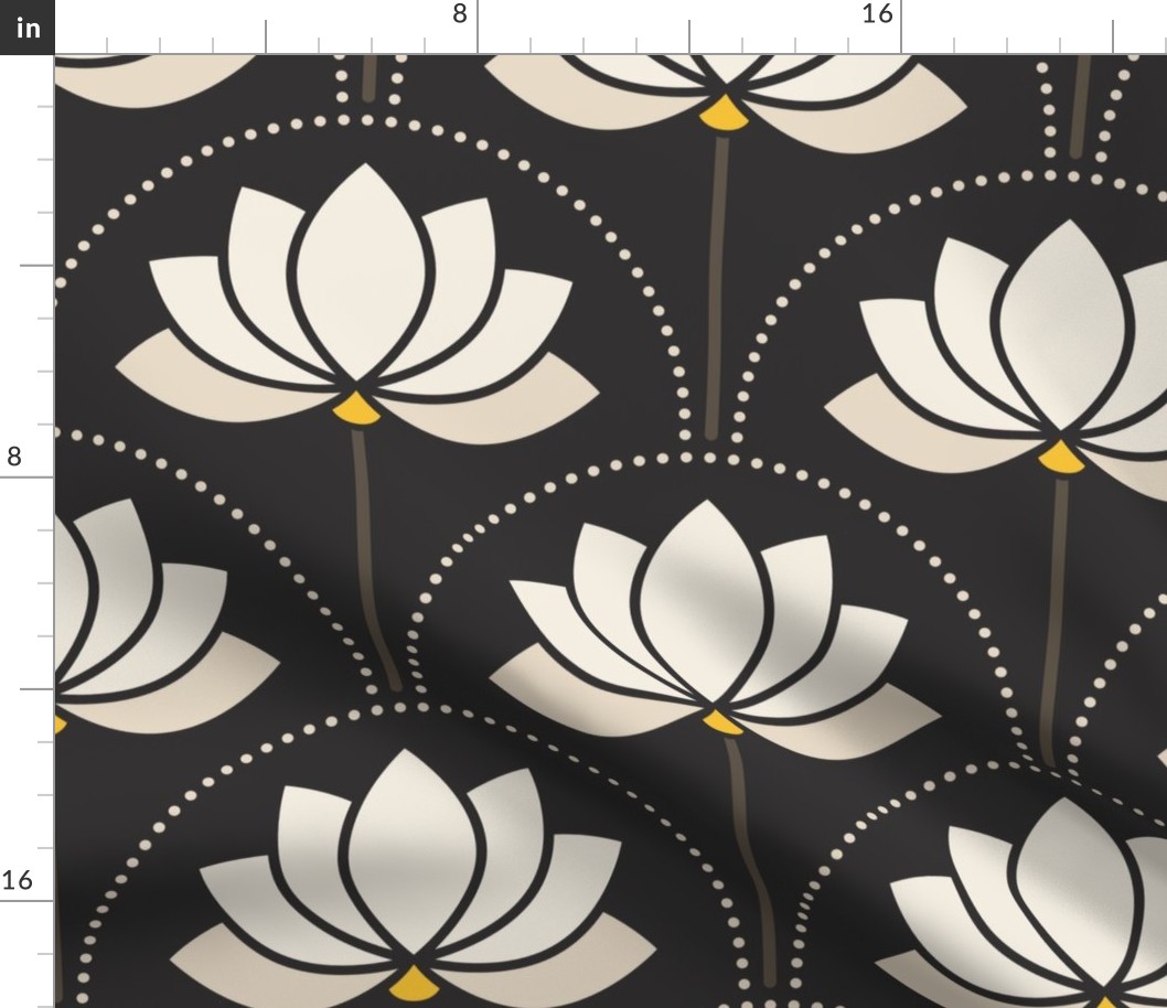 Large scale / Beige art deco lotus flowers on black / monochromatic light creamy off white ivory tan water lilies florals with yellow on dark moody mid mod background / bold modern whimsical blossoms