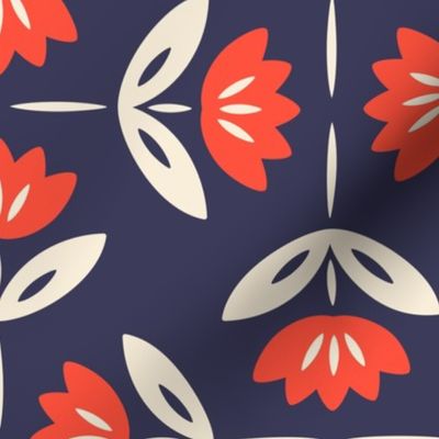 Medium scale / Beige and red lotus flowers on navy blue / Cute pretty blooming florals in soft light creamy ivory bright scarlet crimson on dark deep background / Minimal mid century modern abstract