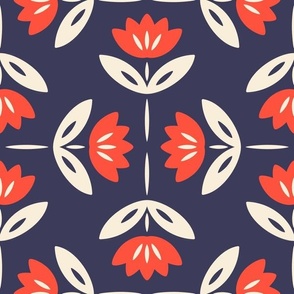 Medium scale / Beige and red lotus flowers on navy blue / Cute pretty blooming florals in soft light creamy ivory bright scarlet crimson on dark deep background / Minimal mid century modern abstract