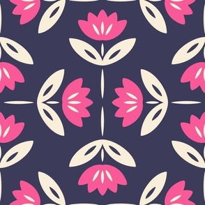 Medium scale / Beige and pink lotus flowers on navy blue / Cute pretty blooming florals in soft light creamy ivory bright fuchsia rose on dark deep background / Minimal mid century modern abstract