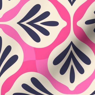 Medium scale / Retro abstract beige and navy geometric leaves on bright pink checks / Deep dark blue black 60s pop art deco checkered leaf on vibrant hot fuchsia / 70s fun vintage shaped ogee block prints