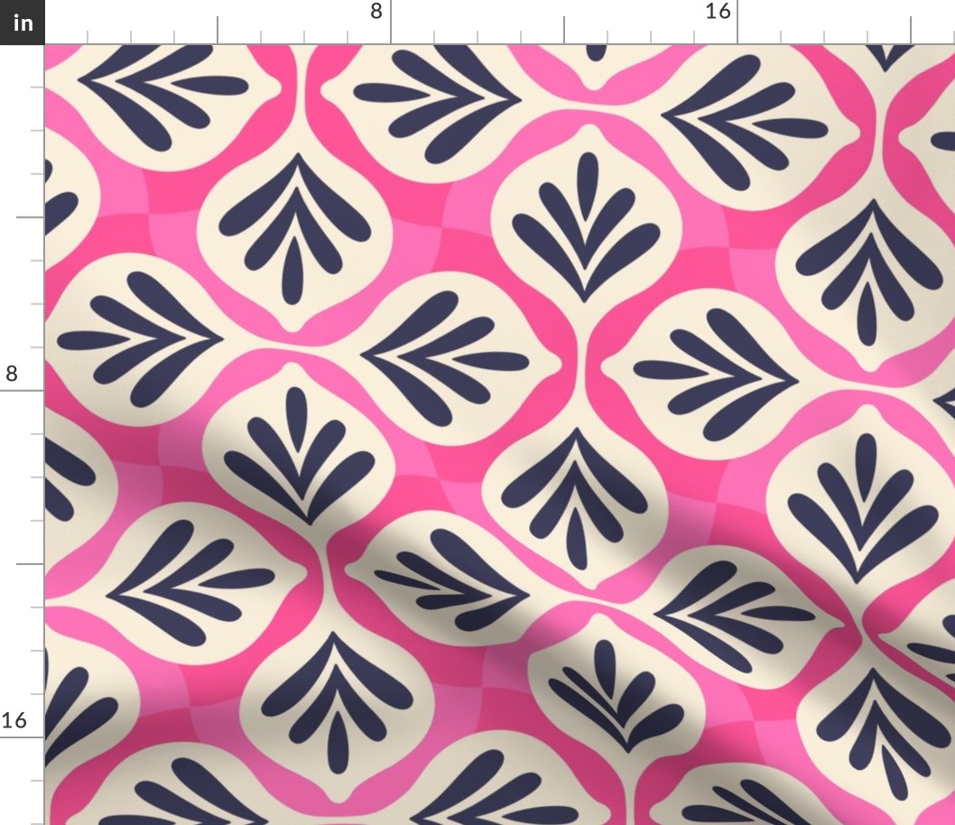 Medium scale / Retro abstract beige and navy geometric leaves on bright pink checks / Deep dark blue black 60s pop art deco checkered leaf on vibrant hot fuchsia / 70s fun vintage shaped ogee block prints