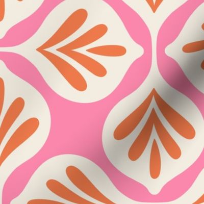 Medium scale / Retro abstract orange and beige geometric leaves on soft pink / 60s pop art deco leaf boho papaya creamy ivory on light girly rose / 70s fun feminine minimal vintage shaped ogee block prints