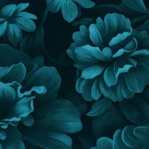 Velveteen Dark Moody Flowers Teal Blue Floral Baroque Luxury Opulenz Large Scale