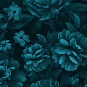 Velveteen Dark Moody Flowers Teal Blue Floral Baroque Luxury Opulenz Medium Scale