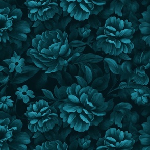 Velveteen Dark Moody Flowers Teal Blue Floral Baroque Luxury Opulenz Smaller Scale