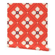 Large scale / Diamond flowers beige on red with dark navy blue dots / Retro abstract 4 petal florals in cream ivory and dotted diagonal stripes checks bright jewel ruby scarlet / fun holiday bold shapes minimalist trellis