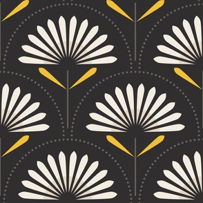 Large scale / Beige art deco florals on black / monochromatic creamy off white ivory yellow gray sunflowers / dark moody flowers and petals leaves with dots background / cute warm neutrals artistic modern mid mod spring garden