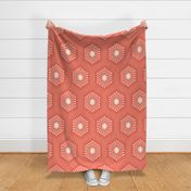 Large scale / Hexagon starburst gems vertical beige on coral / geometric honeycomb dotted 6 sided jewel line art deco boho red warm cream salmon orange / simple abstract minimal ethnic shapes