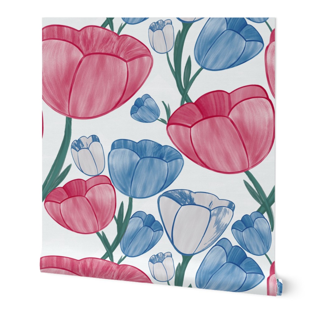 Watercolor Dutch Tulips Red, White and Blue