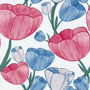 Watercolor Dutch Tulips Red, White and Blue