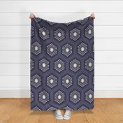 Large scale / Hexagon starburst gems vertical beige on dark navy blue / geometric honeycomb dotted 6 sided jewel line art deco deep creamy ivory moody background / simple abstract minimal ethnic shapes