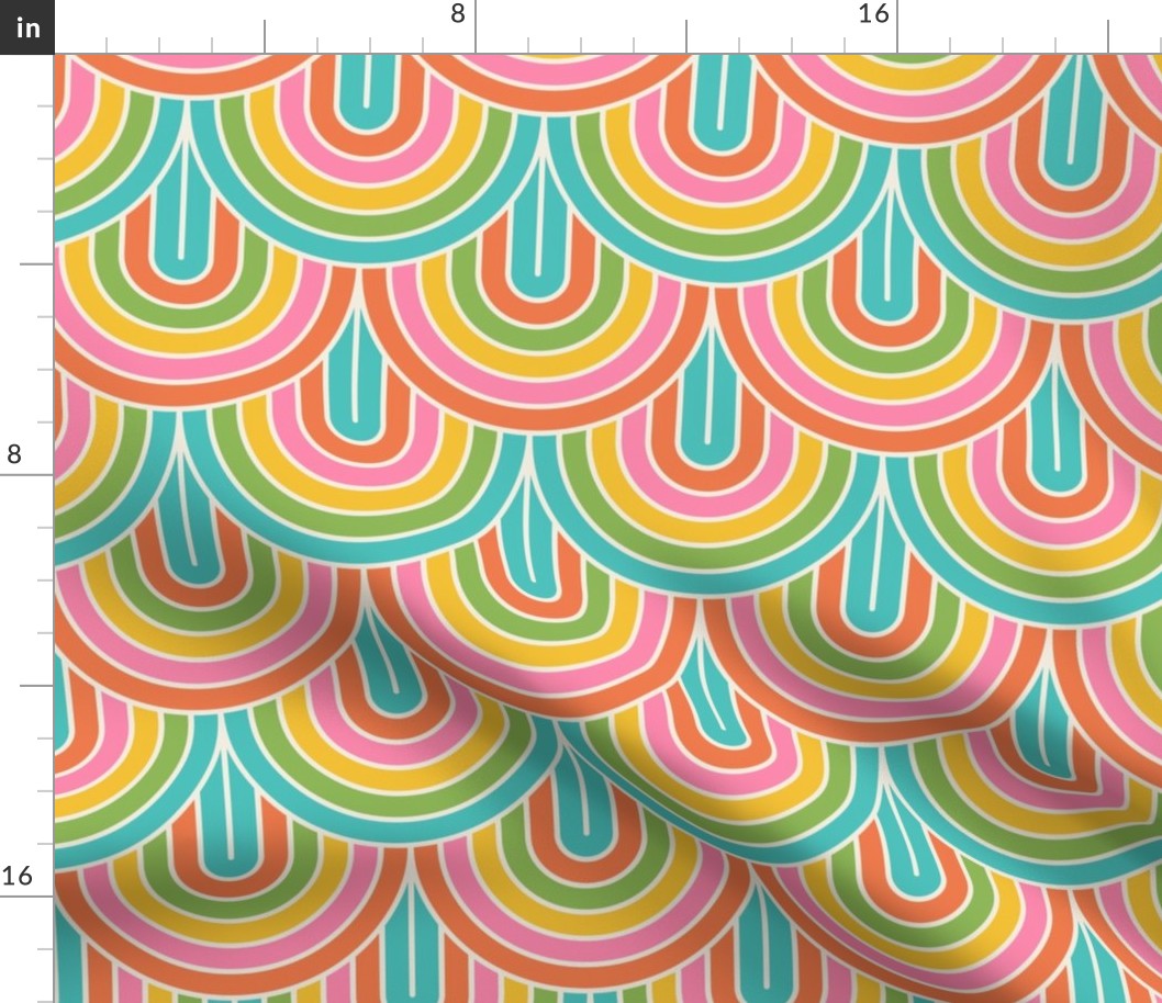 Medium scale / Inverted Retro rainbow arches / bright preppy fun multicolored simple curves in blue green yellow orange and pink / colorful cheerful bold minimalism arcs modern happy geometric kids nursery