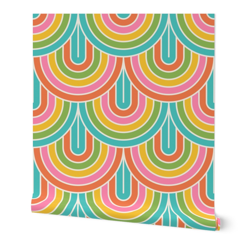 Large  scale / Inverted Retro rainbow arches / bright preppy fun multicolored simple curves in blue green yellow orange and pink / colorful cheerful bold minimalism arcs modern happy geometric kids nursery