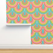 Large  scale / Inverted Retro rainbow arches / bright preppy fun multicolored simple curves in blue green yellow orange and pink / colorful cheerful bold minimalism arcs modern happy geometric kids nursery