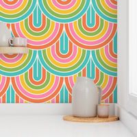 Large  scale / Inverted Retro rainbow arches / bright preppy fun multicolored simple curves in blue green yellow orange and pink / colorful cheerful bold minimalism arcs modern happy geometric kids nursery