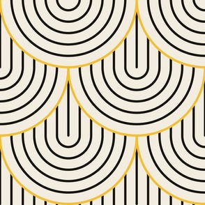 Large scale / Yellow and black inverted rainbow arches on beige / modern simple outline curves bold minimalism / bright cheerful preppy retro geometric arcs stripes / fun happy kids nursery
