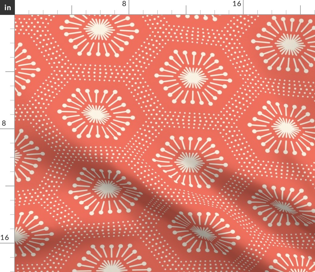 Medium scale / Hexagon starburst gems horizontal beige on coral / geometric honeycomb dotted 6 sided jewel line art deco boho red warm cream salmon orange / simple abstract minimal ethnic shapes