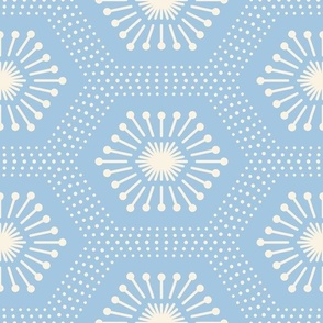 Medium scale / Hexagon starburst gems horizontal beige on powder blue / geometric honeycomb dotted 6 sided jewel line art deco pale light soft cream pastel icy cool baby sky blue / simple abstract minimal ethnic shapes