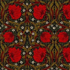 Pimpernel - MEDIUM  14" -  historic reconstructed damask wallpaper by William Morris - wintry black and red antiqued restored reconstruction   art nouveau art deco background - ArtsandCraftsMovementSF  - Lineneffect 