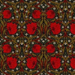 Pimpernel - SMALL 10"  - historic reconstructed damask wallpaper by William Morris - wintry black and red antiqued restored reconstruction   art nouveau art deco background - ArtsandCraftsMovementSF - Lineneffect 