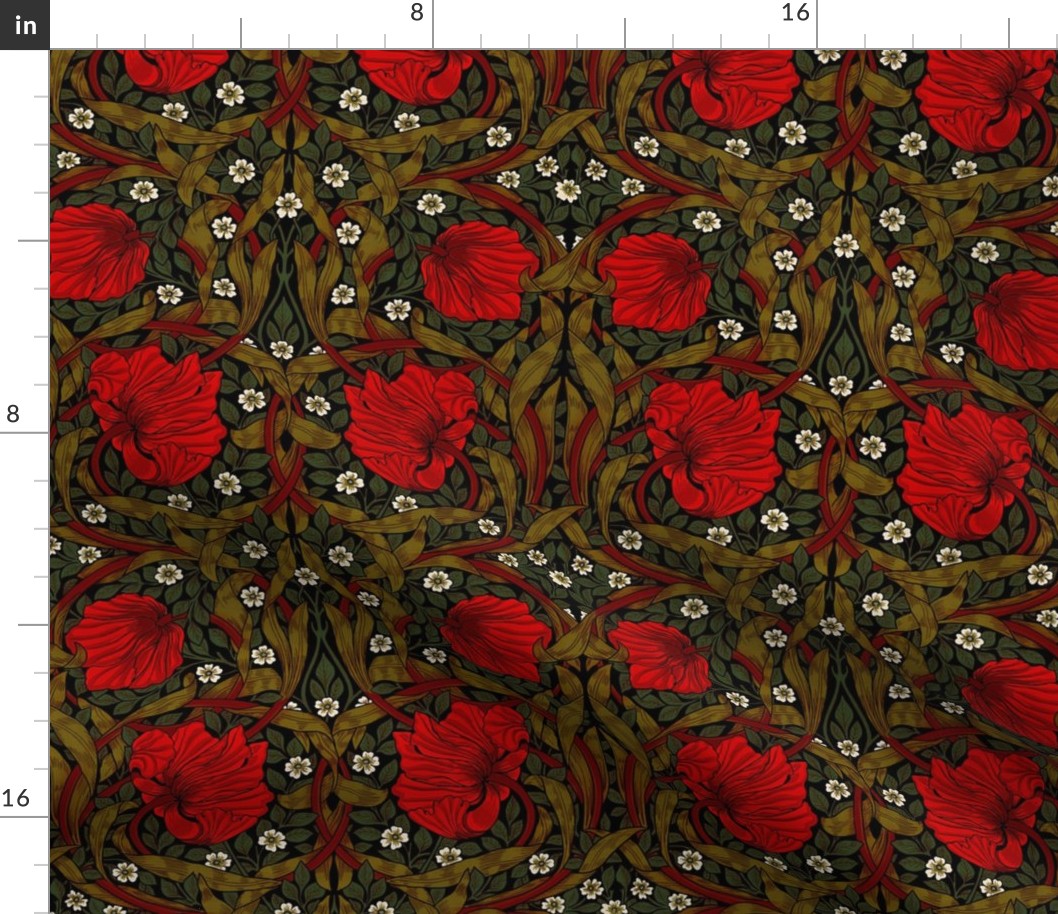 Pimpernel - SMALL 10"  - historic reconstructed damask wallpaper by William Morris - wintry black and red antiqued restored reconstruction   art nouveau art deco background - ArtsandCraftsMovementSF - Lineneffect 