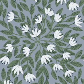 Dainty Flowers - White on Blue-Grey Background - Large