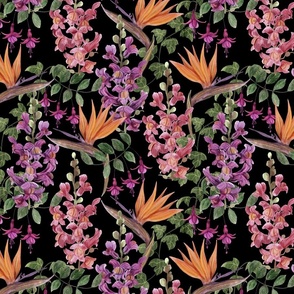 Painterly Floral with Snapdragon, Ivy, Bird of Paradise and Fuchsia Black Background Medium Scale 