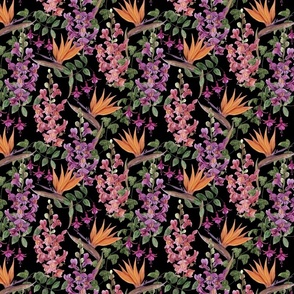 Painterly Floral with Snapdragon, Ivy, Bird of Paradise and Fuchsia Black Background Small Scale 