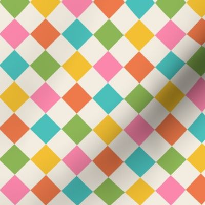 Small scale / Retro rainbow diamond checkerboard on beige / Colorful blue green yellow orange and pink diagonal squares checks / 60s vintage kitchen tiles grid / fun bold minimal 70s summer blender