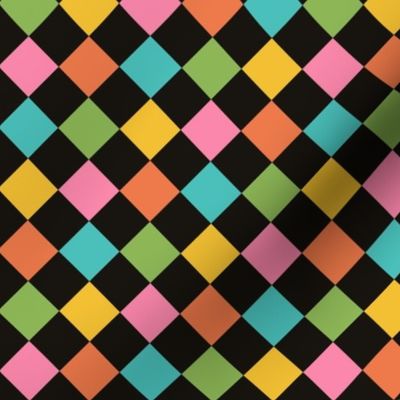 Small scale / Retro rainbow diamond checkerboard on black / Blue green yellow orange and pink diagonal squares checks / 60s vintage kitchen tiles grid / fun bold minimal 70s dark background blender