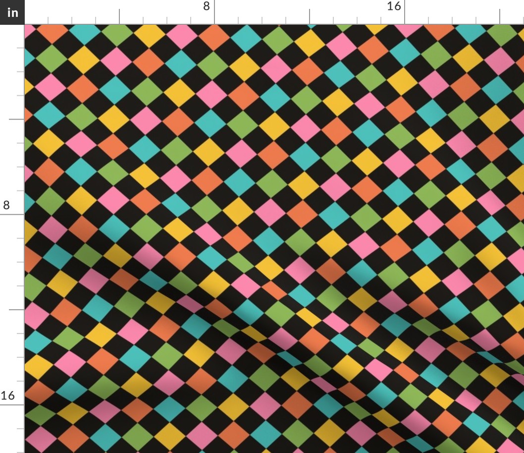 Small scale / Retro rainbow diamond checkerboard on black / Blue green yellow orange and pink diagonal squares checks / 60s vintage kitchen tiles grid / fun bold minimal 70s dark background blender