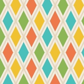 Small scale / Retro rainbow vertical harlequin diamonds on beige / Colorful diagonal checks 60s argyle in warm bright blue green yellow and orange on light creamy tan ivory / Mid century modern fun blender