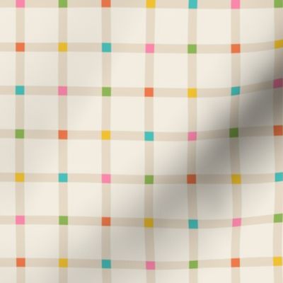 Small scale / Rainbow squares grid on beige plaid / Warm colorful bright dotted lines retro blue green yellow orange and pink 60s vintage thin stripes on light creamy tan ivory / modern 70s windowpane checks fun summer blender