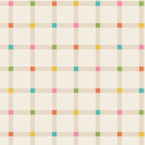 Small scale / Rainbow squares grid on beige plaid / Warm colorful bright dotted lines retro blue green yellow orange and pink 60s vintage thin stripes on light creamy tan ivory / modern 70s windowpane checks fun summer blender