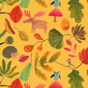 Autumn Woodland animals - mustard - Large