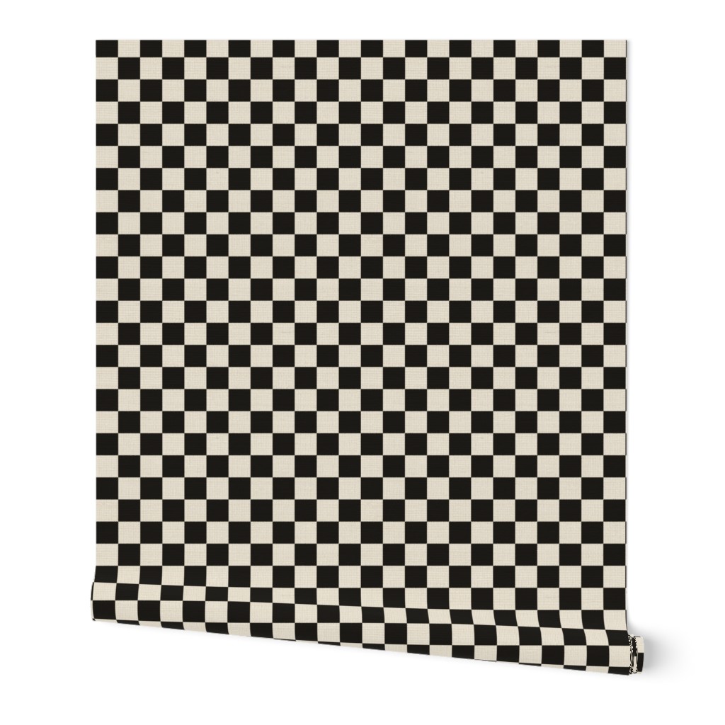 Small scale / Retro black and beige checkerboard 1 inch squares / Vintage 60s kitchen tiles / dark picnic checks grid on warm light off white creamy ivory / bold classic 70s auto car sports racing flag blender